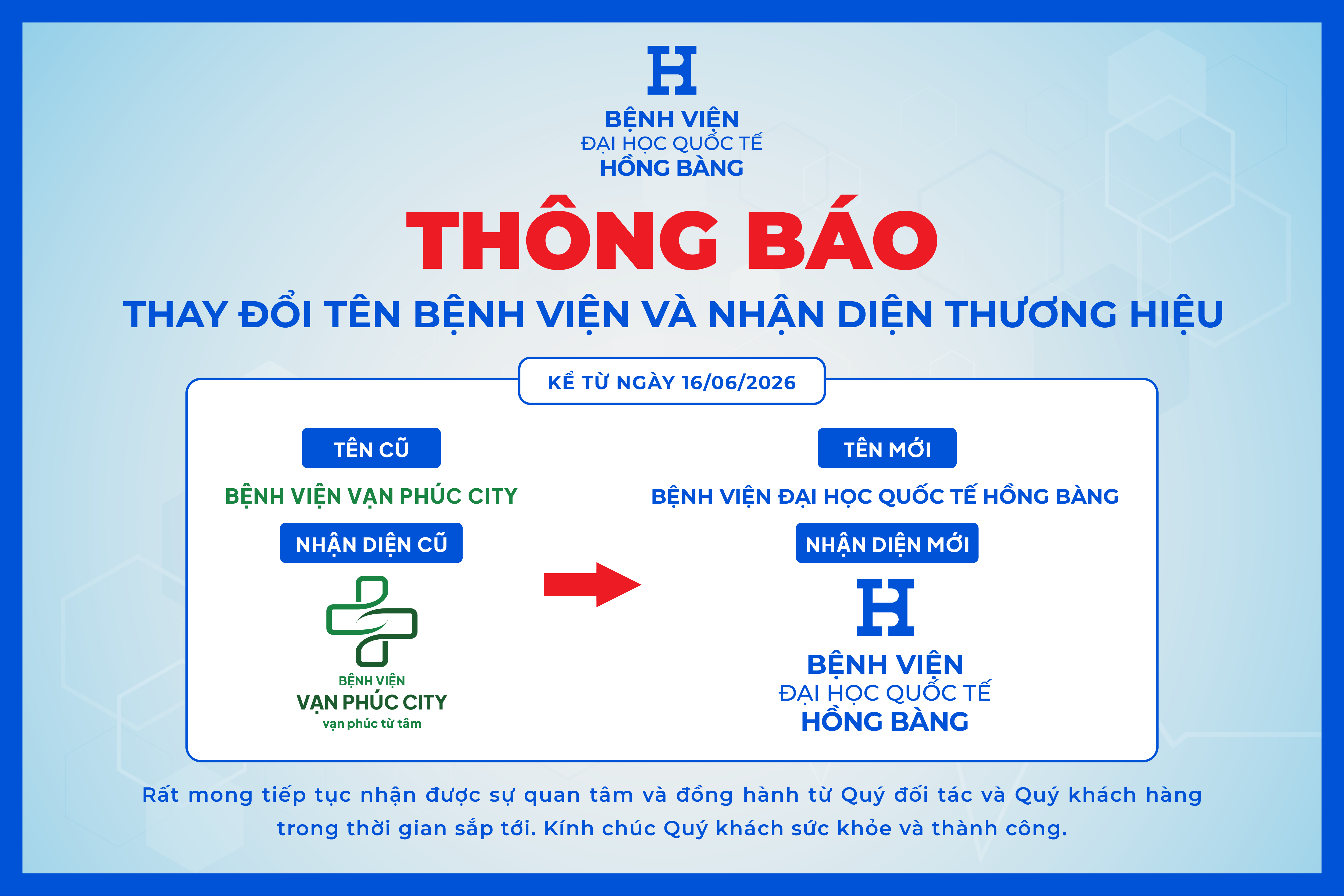 THÔNG BÁO CHÍNH THỨC: BỆNH VIỆN VẠN PHÚC CITY ĐỔI TÊN THÀNH BỆNH VIỆN ĐẠI HỌC QUỐC TẾ HỒNG BÀNG
